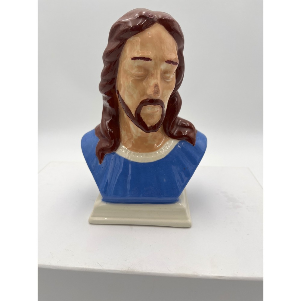 Vintage Holland Mold Ceramic Jesus Christ Bust Figurine Blue Robe Religious Art